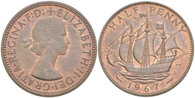 Великобритания 1/2 пенни 1967 Елизавета II (1952-2022) KM 896, Spink 4158 бронза 4544-154