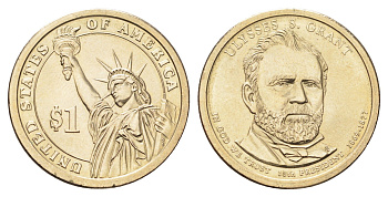 США 1 доллар 2011 P, Президент США - Улисс Грант (1869-1877) KM 500 медь с марганцево-латунным покрытием UNC 210-1016
