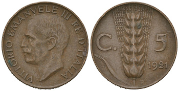 Италия 5 чентезимо 1921 R, Виктор Эммануил III (1900-1946) KM 59 бронза 4615-617