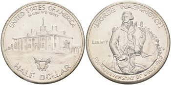 США 1/2 доллара (50 центов) 1982 D, 250 лет со дня рождения Джорджа Вашингтона, банковская запайка в целофан KM 208 серебро UNC 1072-2-11