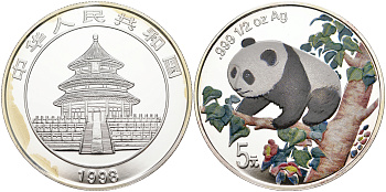 Китай 5 юаней 1998 Панда, цветная эмаль KM 1131 серебро PROOF 11-108-13
