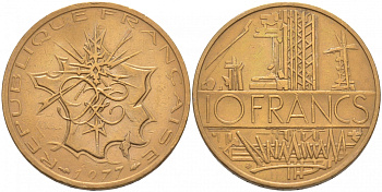 Франция 10 франков 1977 тип Матье KM 940, Le Franc 365.9-10 никель латунь 3855-724