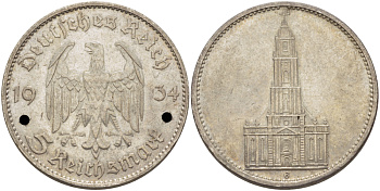 ГЕРМАНИЯ 5 РЕЙХСМАРОК 1934 G - КАРЛСРУЭ, КИРХА J.357, KM 83 серебро aUNC 00-00-00