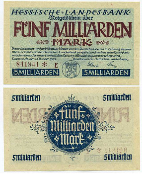 Германия, Дармштадт 5000000000 марок (5 миллиардов марок) 1923 1 октября 1923, нотгельд, земля Гессен, номер, снежинка, серия Е, Hessesche Landesbank Keller 956е  бумага  UNC (пресс) 8613-23-1-1