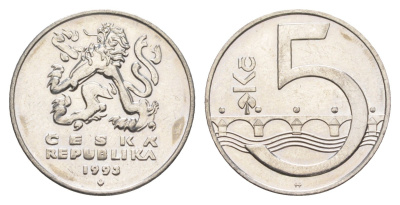 Чехия 5 крон 1993 чешский лев, Карлов мост KM 8 сталь плакированная никелем UNC 4652-1047