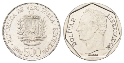 Венесуэла 500 боливаров 1998 год-тип, Симон Боливар Y 79.1 сталь плакированная никелем UNC 4666-1242