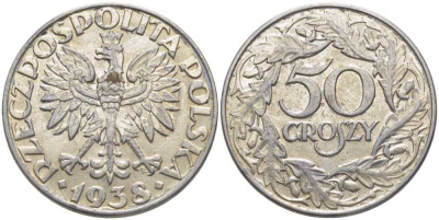 ПОЛЬША 50 ГРОШЕЙ 1938 ВТОРАЯ МИРОВАЯ ВОЙНА, ГЕРМАНСКАЯ ОККУПАЦИЯ KM 38 железо плакированное никелем 5010-1224