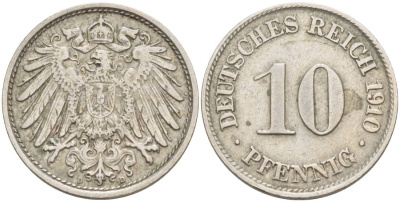 Германия 10 пфеннигов 1910 D KM 12, Jager 13, Weege 8 медно-никель 219-156