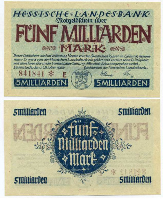 Германия, Дармштадт 5000000000 марок (5 миллиардов марок) 1923 1 октября 1923, нотгельд, земля Гессен, номер, снежинка, серия Е, Hessesche Landesbank Keller 956е  бумага  UNC (пресс) 8613-23-1-1