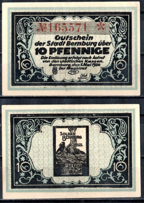 Бернбург (Анхальт) 10 пфеннигов 1920 Mehl Grabowski B32.2a бумага 7556-49-2-1