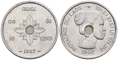 Лаос 10 центов 1952 король Сисаванг Вонг (1904-1959), женщина KM 4 алюминий  aUNC  M71-07