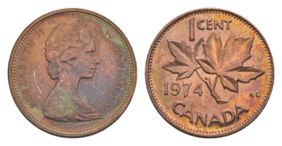 Канада 1 цент 1974 Елизавета II (1952-2022), кленовый лист KM 59.1 бронза 4630-919