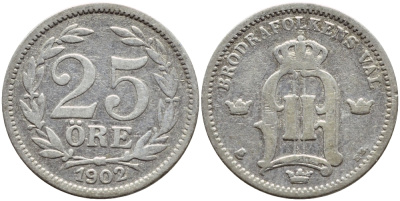 Швеция 25 эре 1902 EB, Оскар II (1872-1907) король Швеции и Норвегии KM 739 серебро 1530-614
