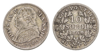 Папская область 10 сольдо 1869 R, Пий IX (1846-1878) KM 1386 серебро    1531-332