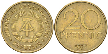 ГДР 20 пфеннигов 1971 KM 11 латунь 4163-317
