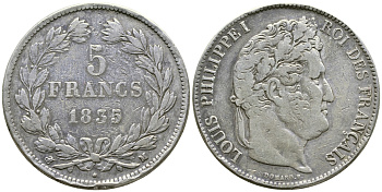 Франция 5 франков 1835 M, Луи Филипп I (1830-1848) KM 749.9 серебро 4386-312