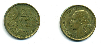 ФРАНЦИЯ 20 ФРАНКОВ 1953 4 ПЕРА KM 917.1 алюминиевая бронза 84-827