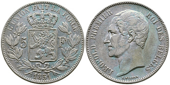 Бельгия 5 франков 1851 Леопольд I (1831-1865) KM 17 серебро 00-1067-5-31