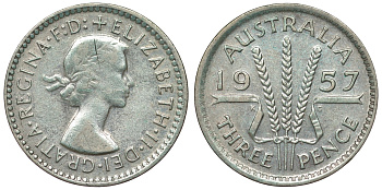 Австралия 3 пенса 1957 m, Елизавета II (1953-) KM 57 серебро 71-531