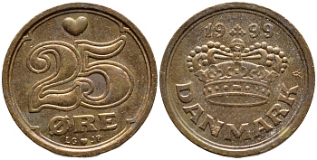 ДАНИЯ 25 ЭРЕ 1999 LG; JP; A, МАРГРЕТЕ II (1972-) KM 868.1 бронза 4396-538