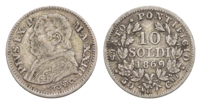 Папская область 10 сольдо 1869 R, Пий IX (1846-1878) KM 1386 серебро    1531-332