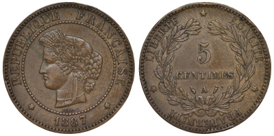 Франция 5 сантимов 1887 А, третья республика (1870-1941) KM 821.1, Le Franc 118.30 бронза 4128-112