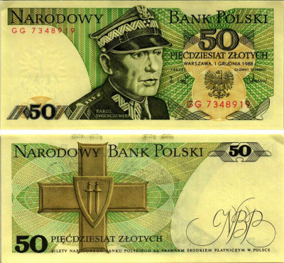 Польша 50 злотых 1988 Кароль Сверчевский, знак Грюнвальдского ордена Pick 142 c бумага аUNC 8607-72-2-1