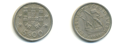 ПОРТУГАЛИЯ 5 ЭСКУДО 1976 ПАРУСНИК KM 591 медно-никель 176-237