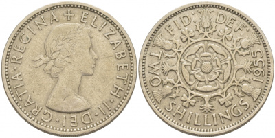 Великобритания 2 шиллинга (флорин) 1955 Елизавета II (1952-2022) KM 906, Spink 4146 медно-никель 4403-244