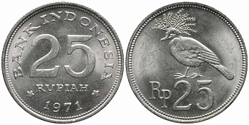 Индонезия 25 рупий 1971 венценосный голубь KM 34 медно-никель 86-1853