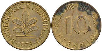 ФРГ 10 ПФЕННИГОВ 1978 F KM 108, J.383 сталь плакированная латунью 75-644