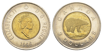 Канада 2 доллара 1996 Елизавета II (1952-2022), полярный медведь KM 270 биметалл UNC 4637-1026