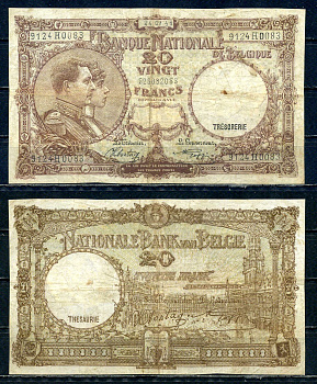 Бельгия 20 франков 1941 24.09.1941, Король Альберт I и его жена Королева Елизавета, Гран-Плас / Гроте Маркт, Брюссель Pick 111 (2) бумага 6301-32-1-1