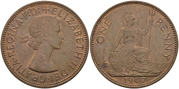 Великобритания 1 пенни 1967 Елизавета II (1952-2022) KM 897, Spink 4157 бронза 97-1116