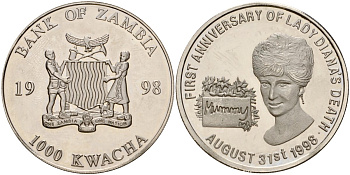 Замбия 1000 квача 1998 годовщина гибели леди Дианы, 31 августа 1998 KM 180 медно-никель PROOF 1095-4-41
