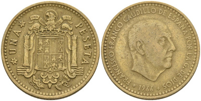 Испания 1 песета 1966 (71) Франсиско Франко (1939-1975) KM 796 алюминиевая бронза 4604-125