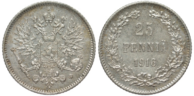Россия для Финляндии 25 пенни 1916 S, Николай II (1894-1917) KM 6.2, Биткин 421 серебро 75-1324