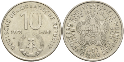 ГДР 10 марок 1973 A, фестиваль молодежи и студентов 1973 года в Берлине KM 44, J. 1545 медно-никель UNC  4157-323