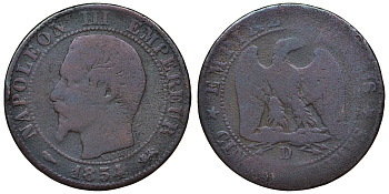 Франция 5 сантимов 1854 D, Наполеон III (1852-1870) KM 777.4, Le Franc 116.12 бронза 4121-1256