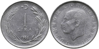 Турция 1 лира 1968 Мустафа Кемаль Ататюрк KM 889а.2 нержавеющая сталь 4538-826