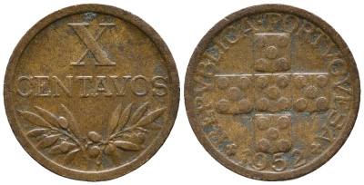 ПОРТУГАЛИЯ 10 СЕНТАВО 1952 KM 583 бронза 100-1246