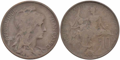 Франция 10 сантимов 1906 тип Дюпюи KM 843, LA FRANC 136.16 бронза 109-223