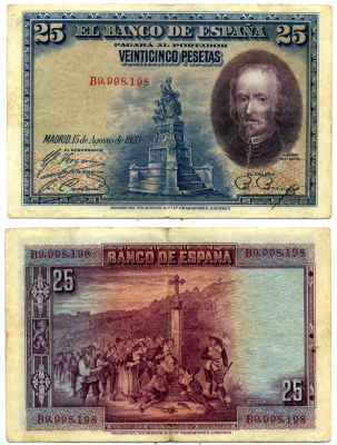 Испания 25 песет 1928 Педро Кальдерон де ля Барка, серия В9 Pick 74b бумага 8564-10-1-2