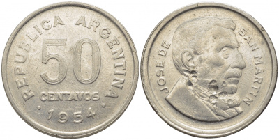 Аргентина 50 сентаво 1954 генерал Хосе де Сан Мартин KM 49 сталь плакированная никелем 4448-355