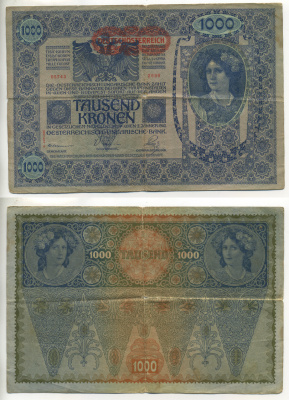 АВСТРИЯ 1000 КРОН 1919 КРАСНАЯ ГОРИЗОНТАЛЬНАЯ НАДПЕЧАТКА НА 1902 Pick 60 бумага 6299-35-2