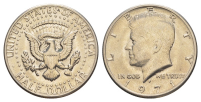 США 1/2 доллара (50 центов) 1971 D, Джон Кеннеди KM 202b медь плакированная медно-никелем aUNC 114-1035