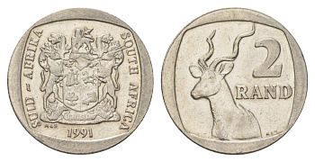 ЮАР 2 ранда 1991 KM 139 медь плакированная никелем 4626-1142