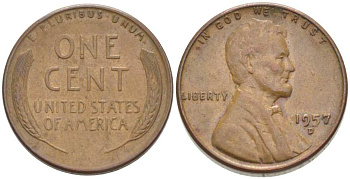 США 1 ЦЕНТ 1957 D, ЛИНКОЛЬН KM А132 медь цинк 3309-1218