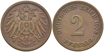 ГЕРМАНИЯ 2 ПФЕННИГА 1906 A KM 16, J. 11, Weege 4 медь 206-522