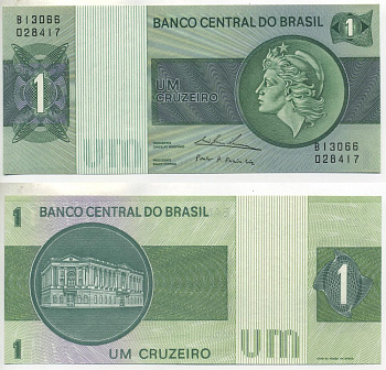 БРАЗИЛИЯ 1 КРУЗЕЙРО 1975 СЕРИЯ В 13066, ПОДПИСЬ 18, ГОЛОВА СВОБОДЫ Pick 191Ab бумага 7457-29-3